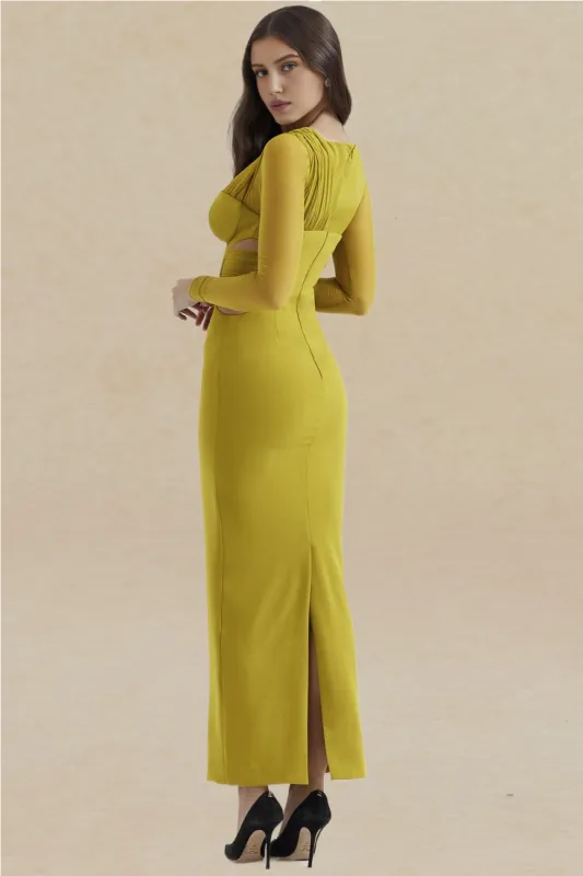 Solid Mesh Asymmetrical Contrast Mesh Bustier Maxi Dress sold by Micas