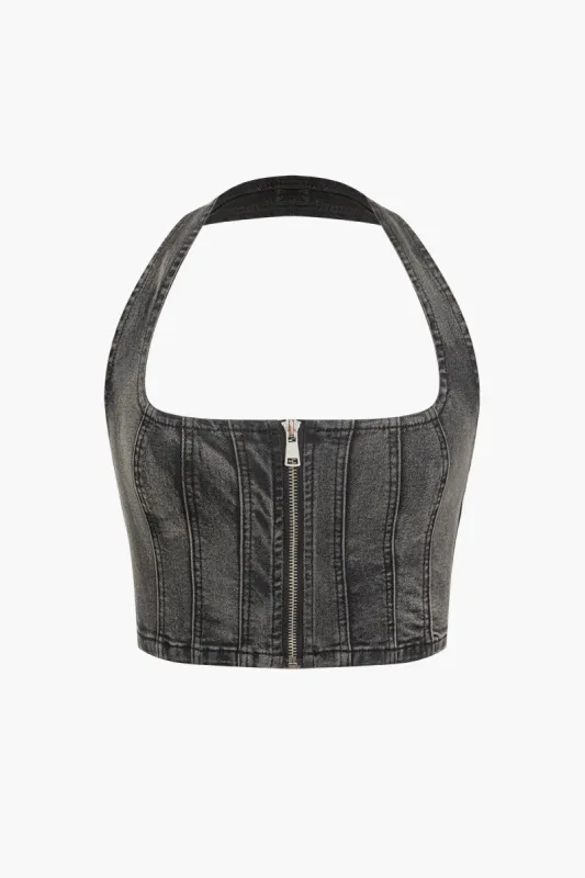 Solid Halter Zipper Denim Crop Top sold by Micas