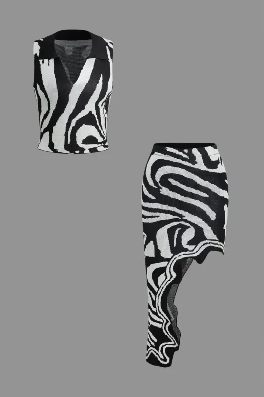 Zebra Print Knit Asymmetrical Skirt Set sold by Micas