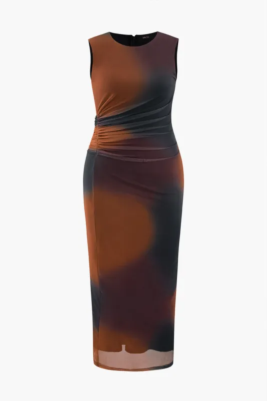 Plus Size Abstract Print Mesh Ruched Asymmetrical Maxi Dress sold by Micas