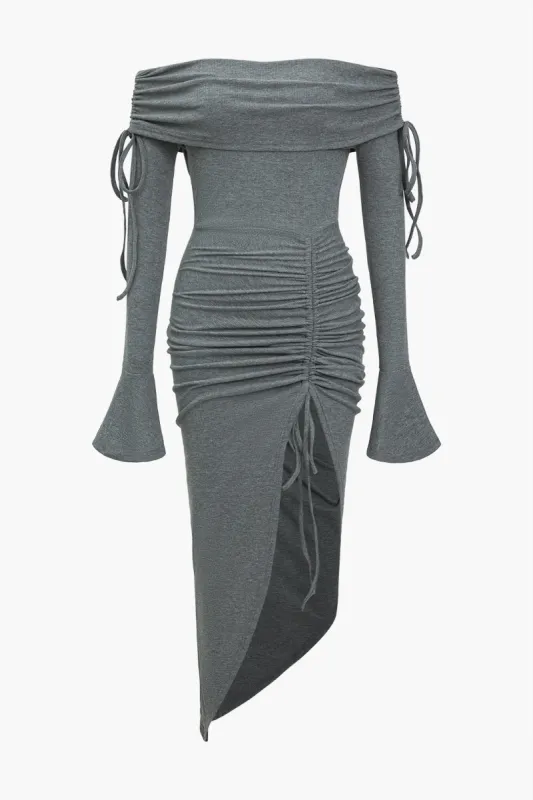 Off Shoulder Ruched Bell Sleeve Slit Maxikjole sold by Micas
