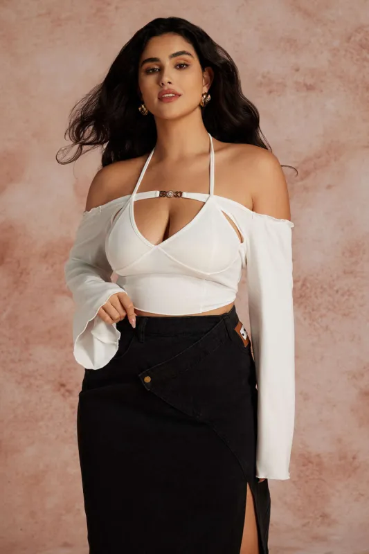Plus Size Solid Bell Sleeves Tie-Up Long-Sleeve Top sold by Micas