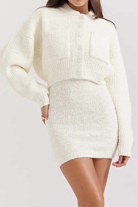 Solid Knit Button Cardigan And Mini Dress Set sold by Micas