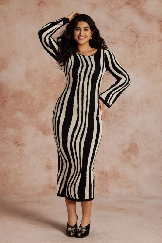 Plus Size Stripe Print Long-Sleeved Sweater Dress sold by Micas
