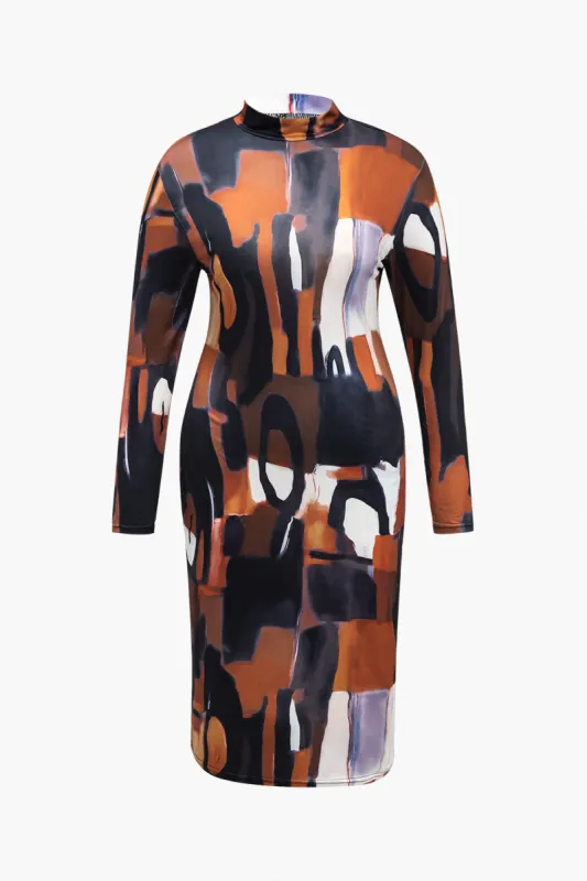 Plus Size Abstract Print Long Sleeve Midi Dress sold by Micas