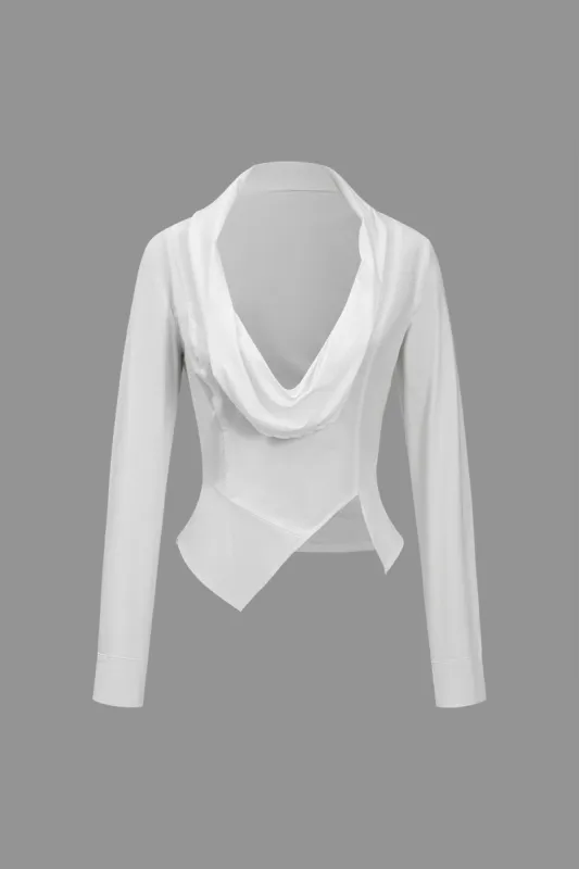 Solid Asymmetrical Draped Cowl Neck Long-Sleeve Shirt sold by Micas