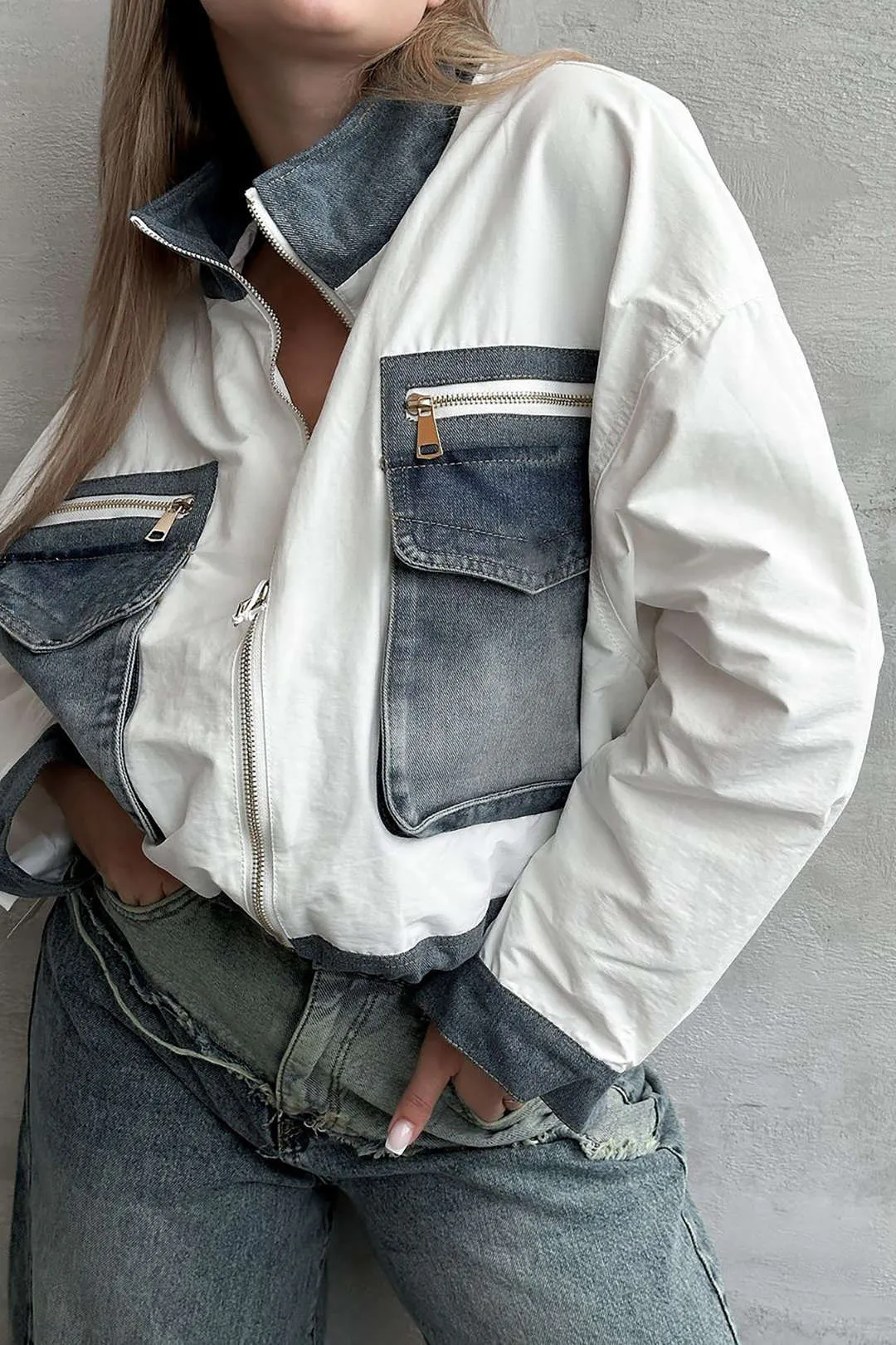 Denim Patchwork Color Block Pocket Zipper Jacket sold by Micas product image thumbnail 4