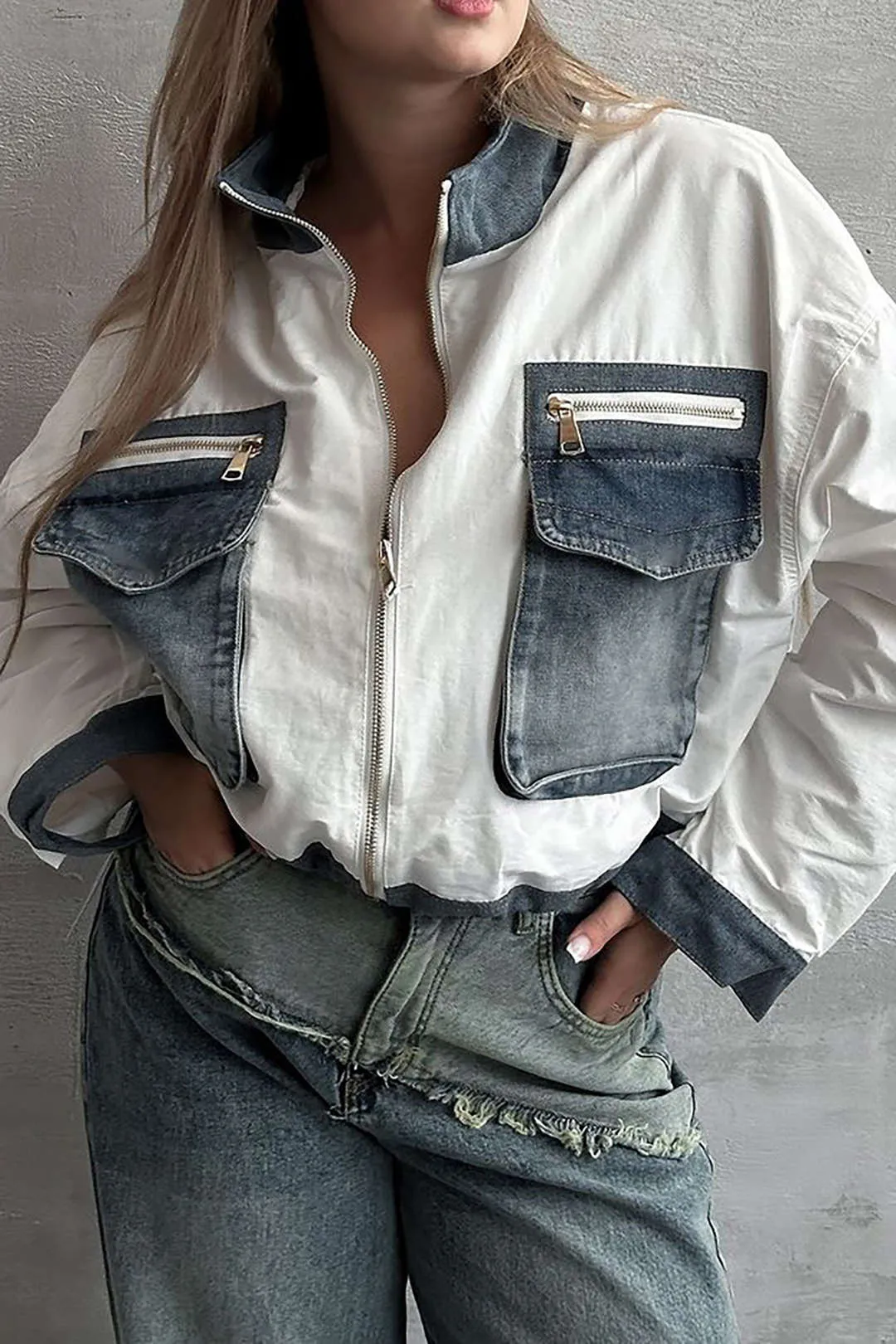 Denim Patchwork Color Block Pocket Zipper Jacket sold by Micas