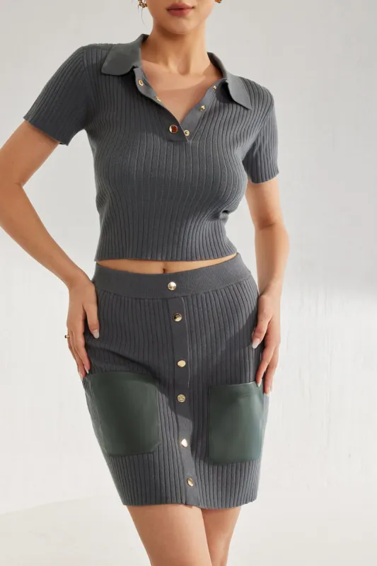 Solid Button Pu Pocket Sweater Skirt sold by Micas