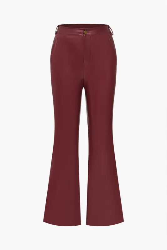Solid Faux Leather Button Flared Trousers sold by Micas
