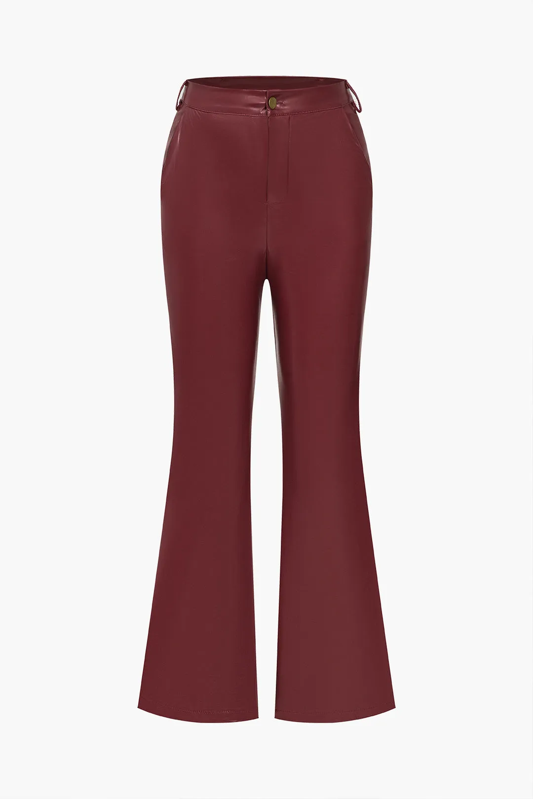 Solid Faux Leather Button Flared Trousers sold by Micas