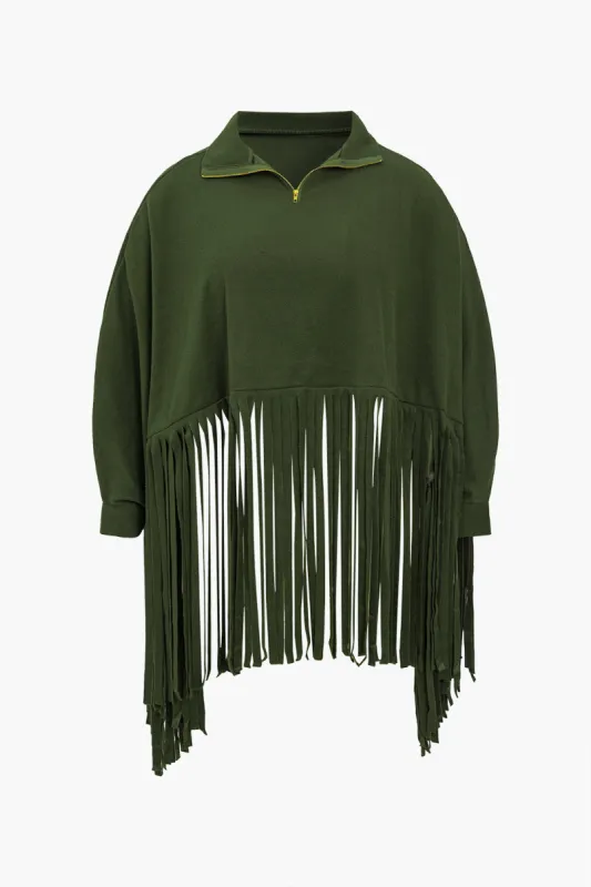 Plus størrelse solid frynse lynlås sweatshirt sold by Micas