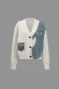 Patchwork Denim Strik Color Block Button Asymmetrisk Pocket Cardigan sold by Micas
