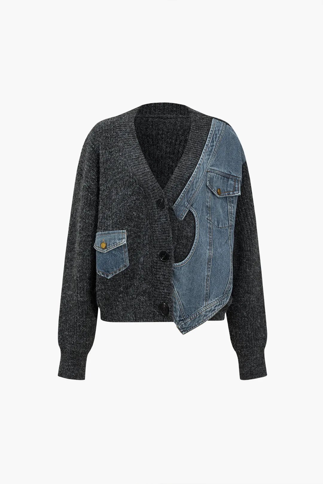 Patchwork Denim Strik Color Block Button Asymmetrisk Pocket Cardigan sold by Micas product image thumbnail 4
