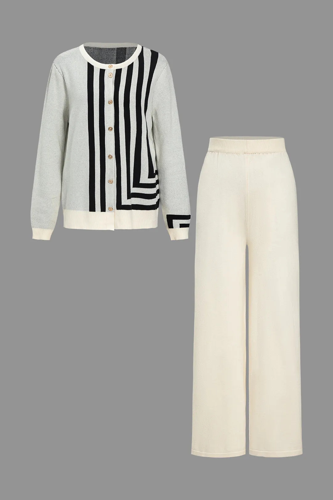 Farveblokprintstrik top og bukser sæt sold by Micas