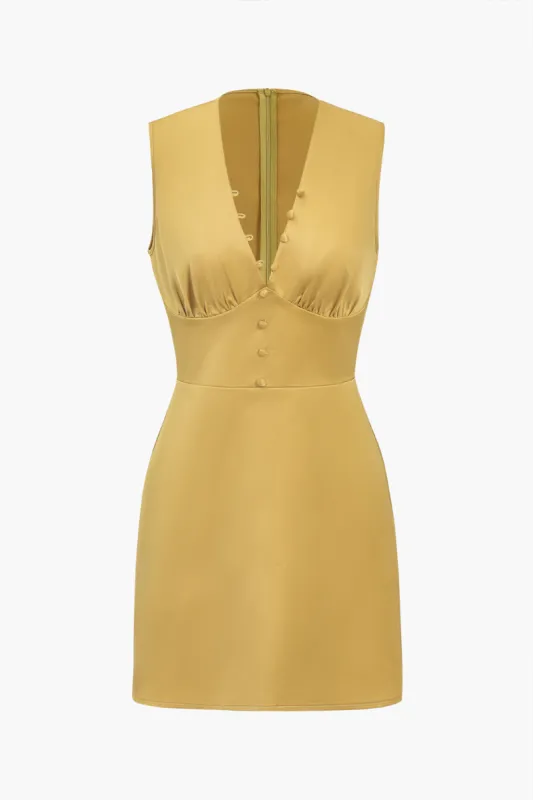 Solid Button V-neck Ruched Mini Dress sold by Micas