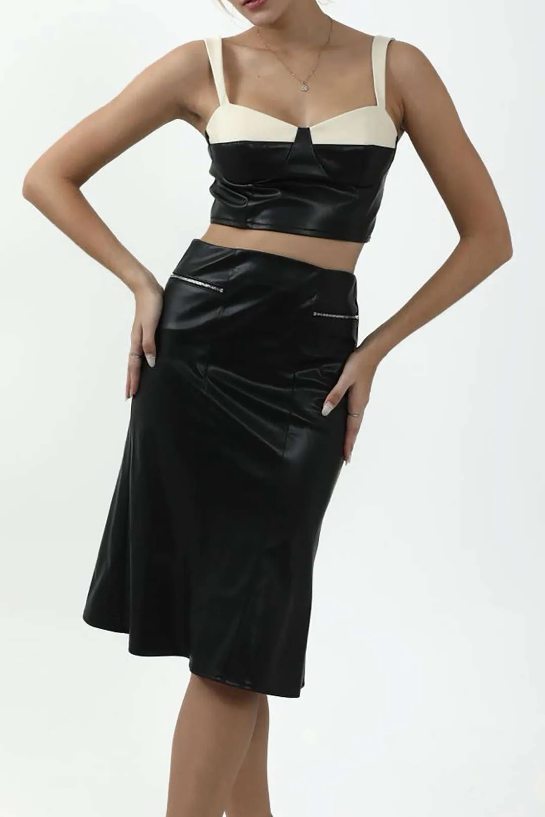Solid Faux Leather Zipper Skirt sold by Micas product image thumbnail 4