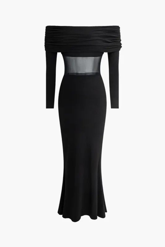 Patchwork Mesh Off Shoulder Slim Maxi Dress sold by Micas