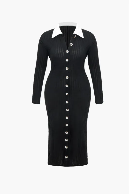 Plus Size Color Block Button Long Sleeve Maxi Dress sold by Micas