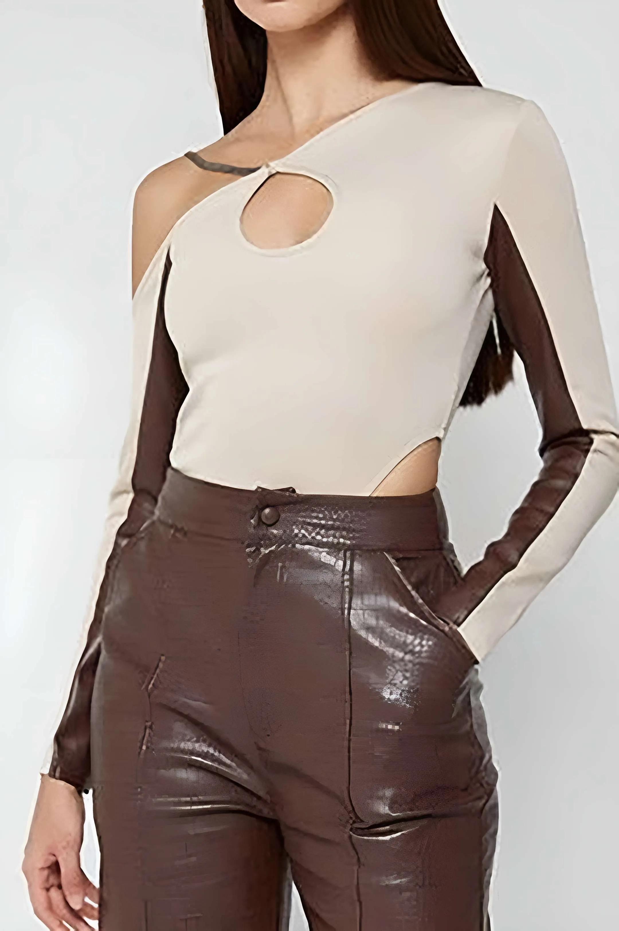 Patchwork Cut Out Asymmetrical Long-Sleeve Bodysuit sold by Micas product image thumbnail 2