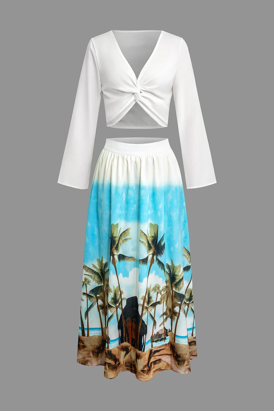 Coconut Palm Print Ruched Twist Knot Skirt Set sold by Micas
