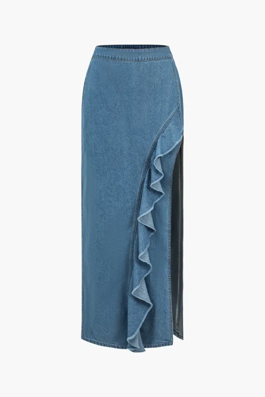 3d Floral Denim Slit Ruffle Midi Nederdel sold by Micas