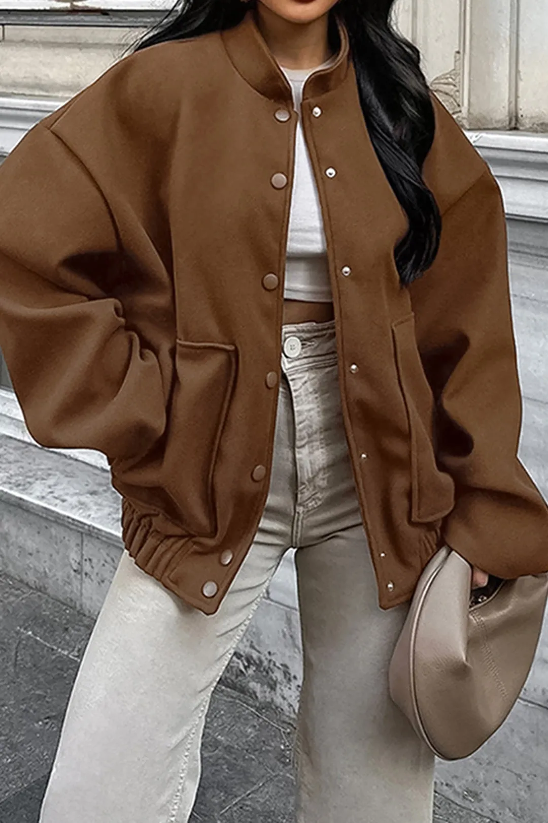 Solid Stand Collar Button Coat sold by Micas