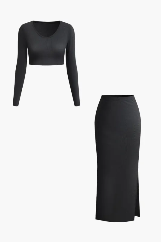 Grundlæggende solid strik langærmet croptop og splitnederdelsæt sold by Micas