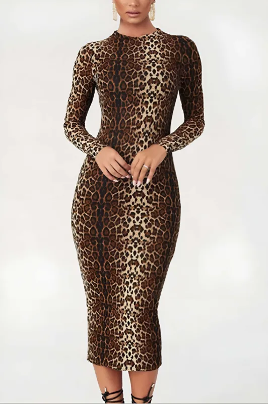 Leopard print langærmet slank midi kjole sold by Micas