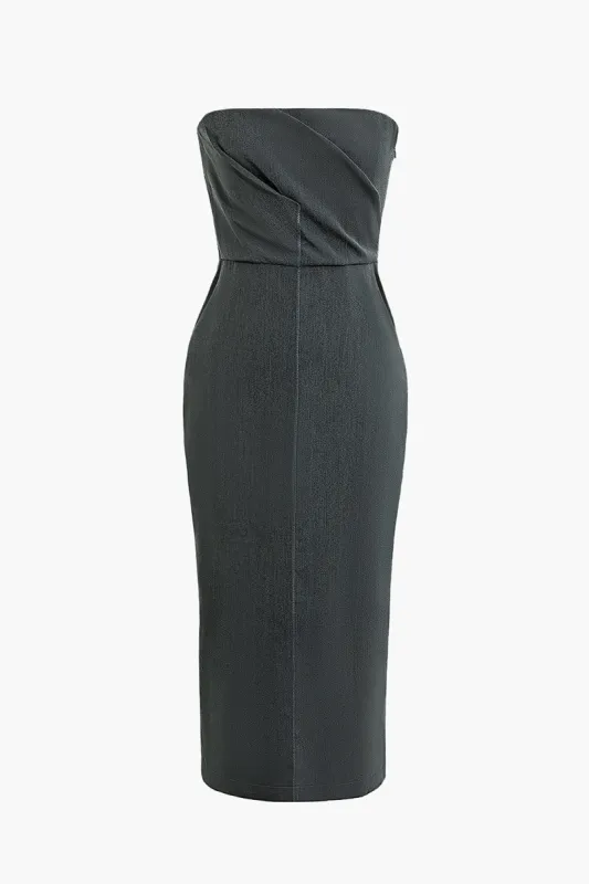 Solid spalte ruched stropløs midi kjole sold by Micas