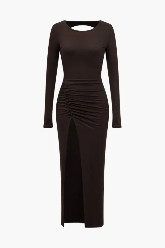 Solid Ruched Slit Long Sleeve Maxi Dress sold by Micas