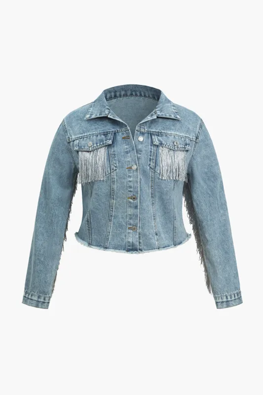 Plus størrelse denim frynse knap overtøj sold by Micas
