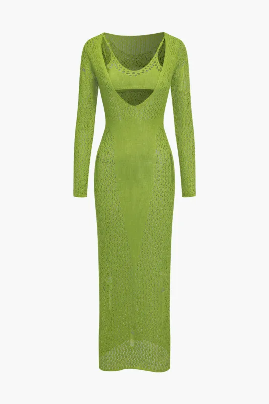 Hul ud langærmet strik maxi kjole med bh -sæt sold by Micas