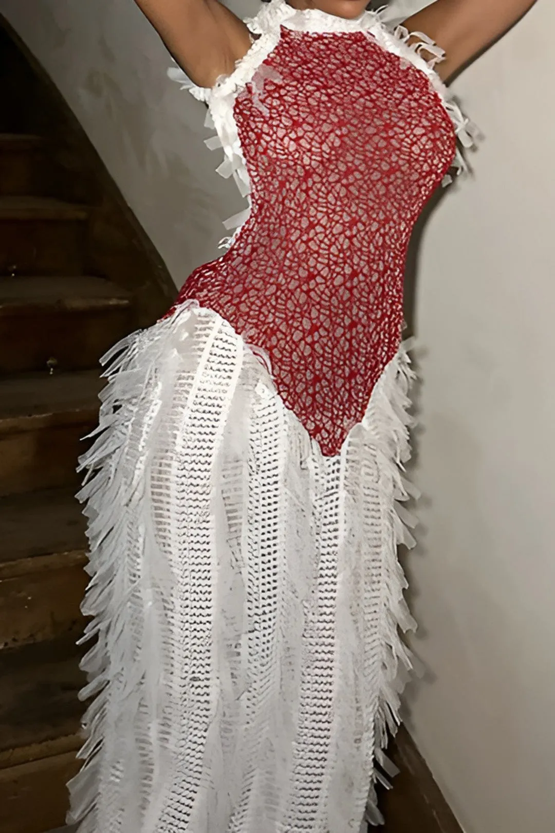 Fringe Mesh Backless Maxi Dress sold by Micas