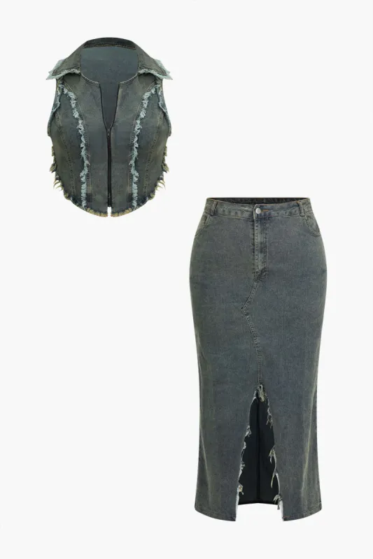Plus Size Fringe Zipper Denim Skirt Set sold by Micas