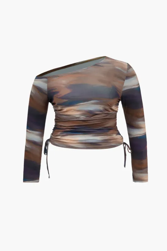 Plus Size Abstract Print Ruched Tie-Up Long-Sleeve Top sold by Micas