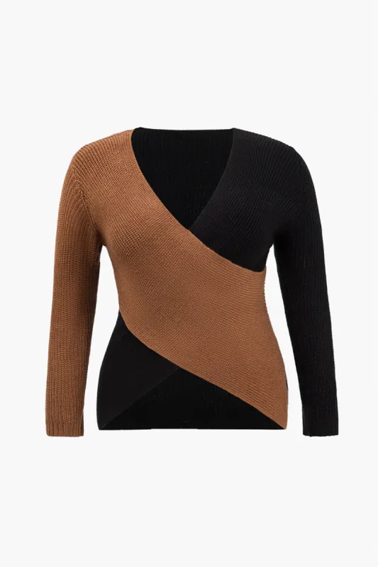 Plus Size Color Block Knit Crossed Long-Sleeve Top sold by Micas