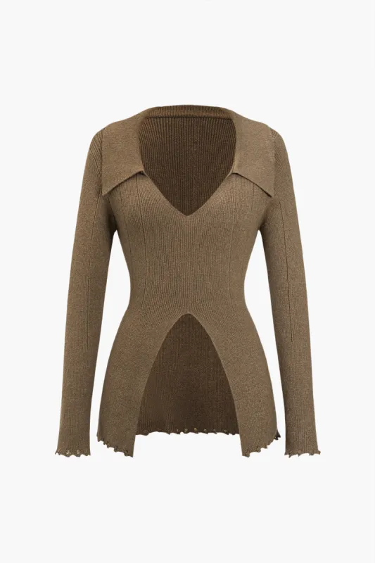 Solid Sweater Slit Frayed Long-Sleeve Top sold by Micas
