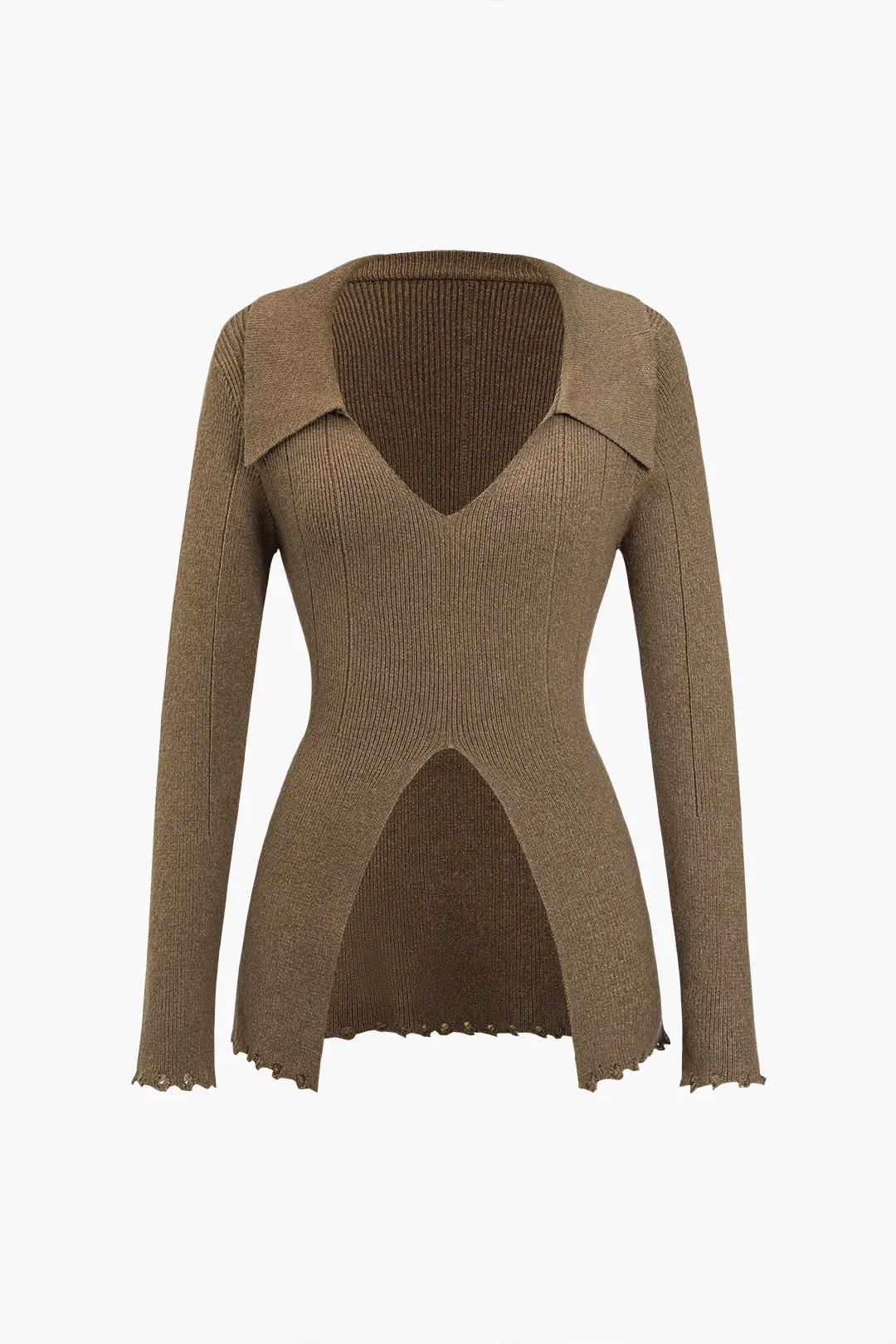 Solid Sweater Slit Frayed Long-Sleeve Top sold by Micas