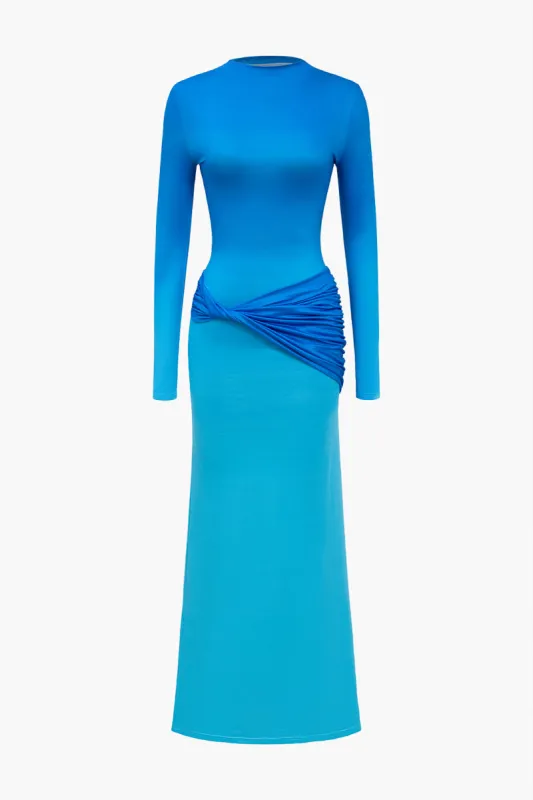 Ombre Print Ruched Twist Knot Long Sleeve Maxi Dress sold by Micas