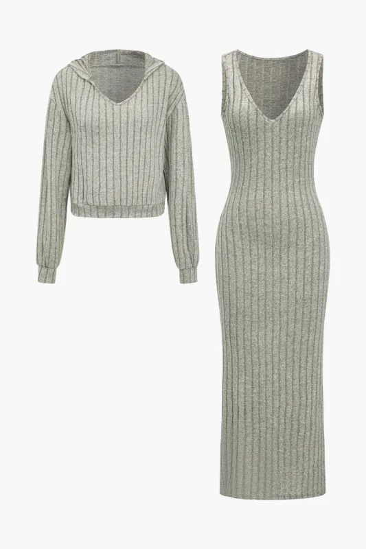 Grundlæggende solid strikket hætte løs kjole sæt sold by Micas