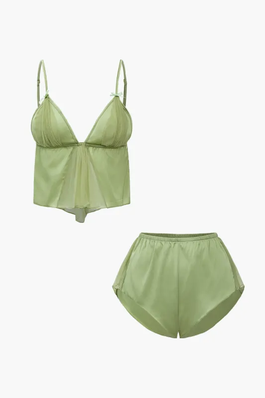 Solid Bow Contrast Mesh Sleepwear Set sold by Micas