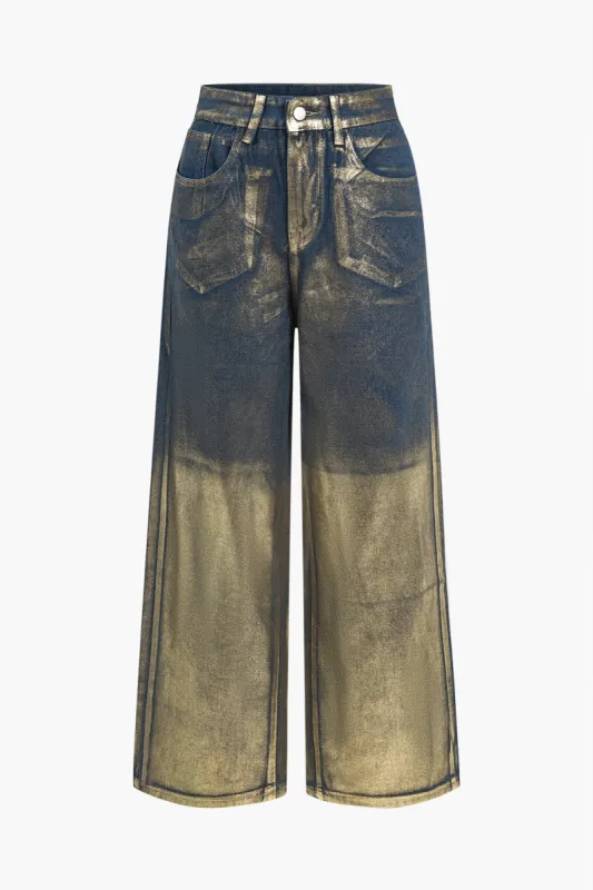 Glitter metallisk folie brede ben jeans sold by Micas