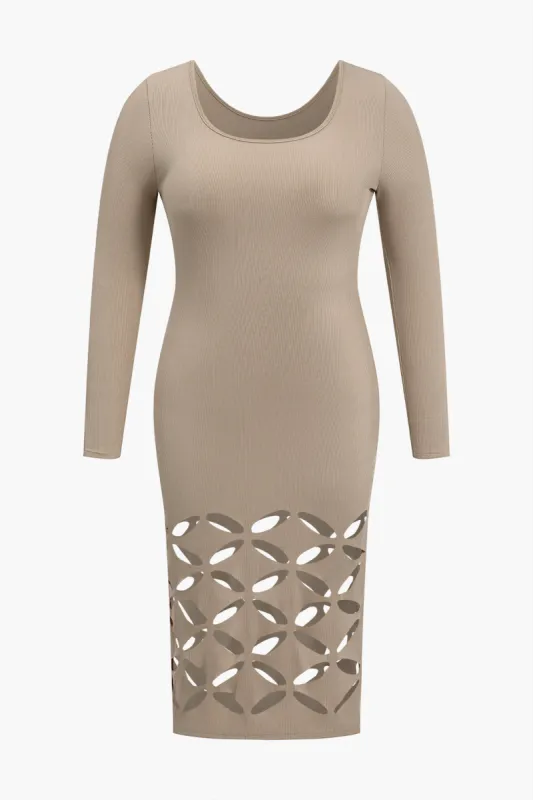 Plus størrelse solid udskåret langærmet bodycon midi kjole sold by Micas