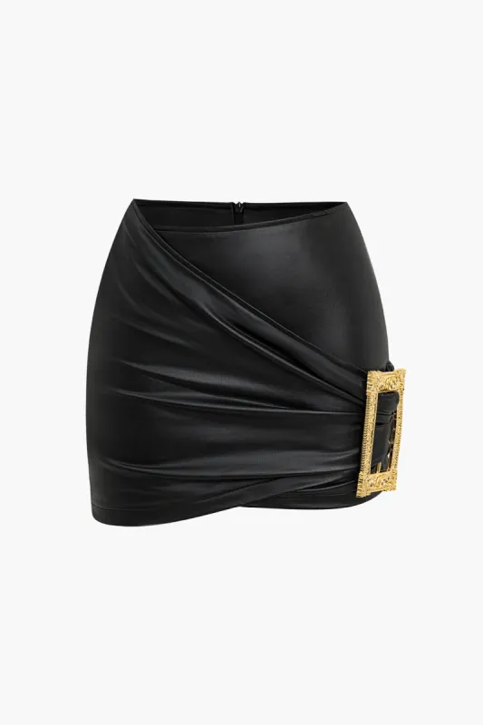 Solid Faux Leather Crossed Asymmetrical Skirt sold by Micas