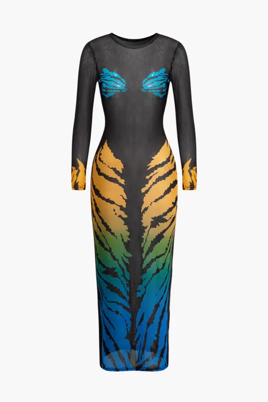 Tiger print mesh gennemsigtig rund hals midikjole sold by Micas