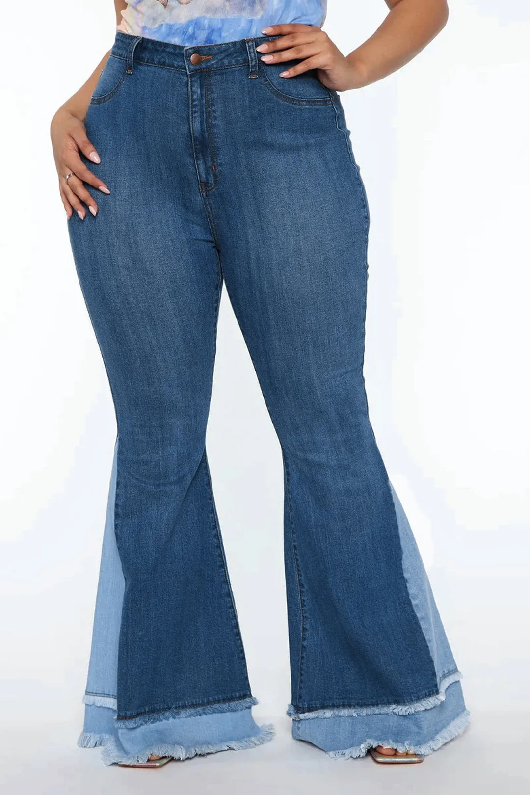 Plus størrelse frynse farveblok blussede ben jeans sold by Micas product image thumbnail 3