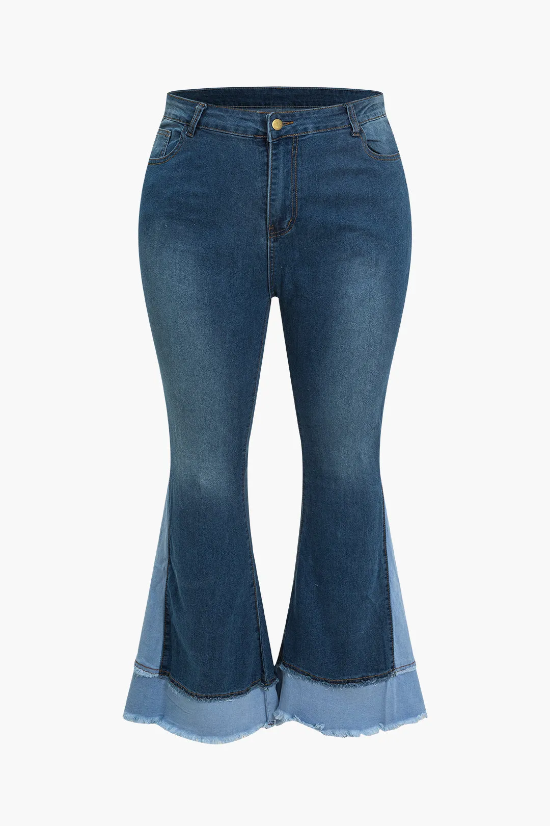 Plus størrelse frynse farveblok blussede ben jeans sold by Micas