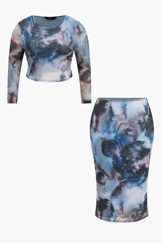 Plus Size Tie Dye Long Sleeve Top And Skirt Set sold by Micas