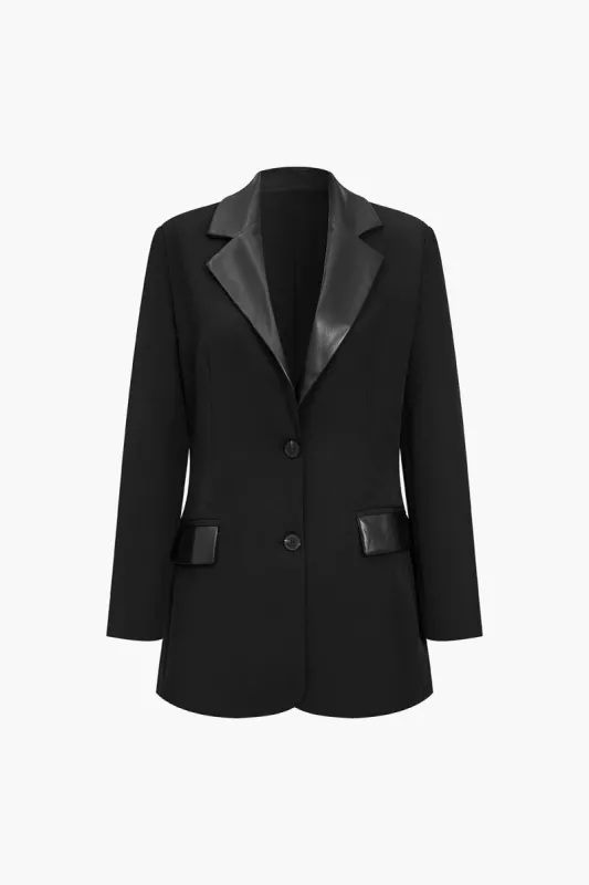 Solid Blending Faux Leather Button Pocket Blazers sold by Micas